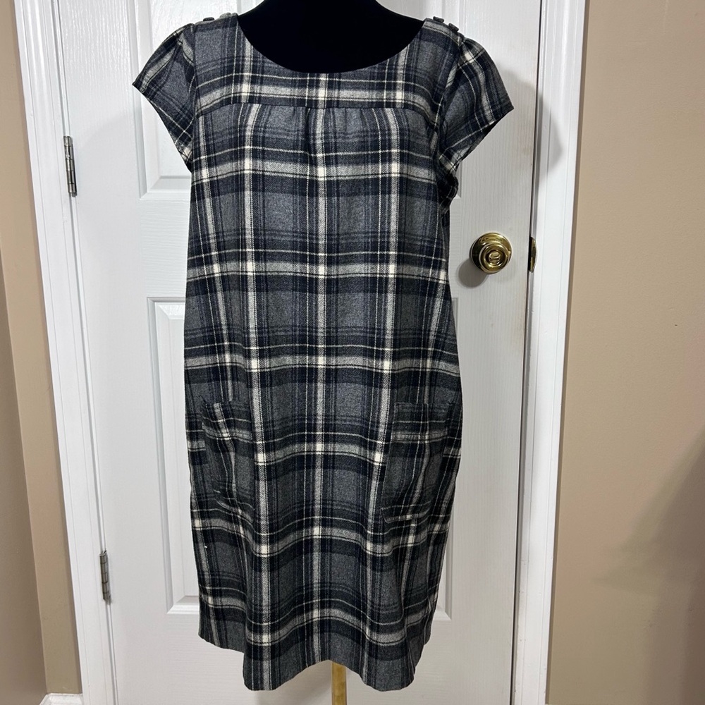 GAP Wool Blend Plaid Shift Dress Size 14 Gray Black Tweed Mini Pockets